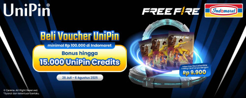 Beli Voucher UniPin dapatkan cashback 15.000 UniPin Credits dan tebus murah FF Collectible Card hanya Rp 9.900 di Indomaret!